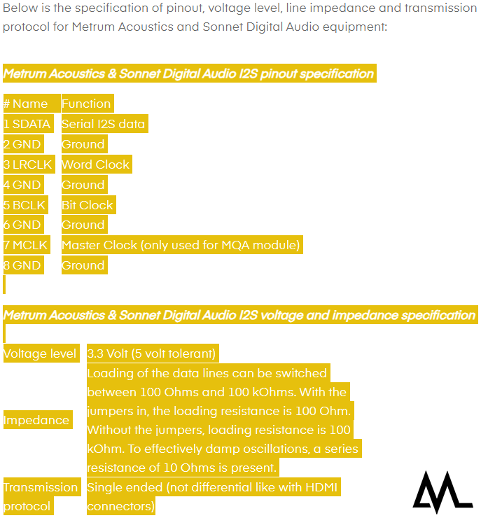 Screenshot of Pinout of I2S from Metrum Acoustics.com